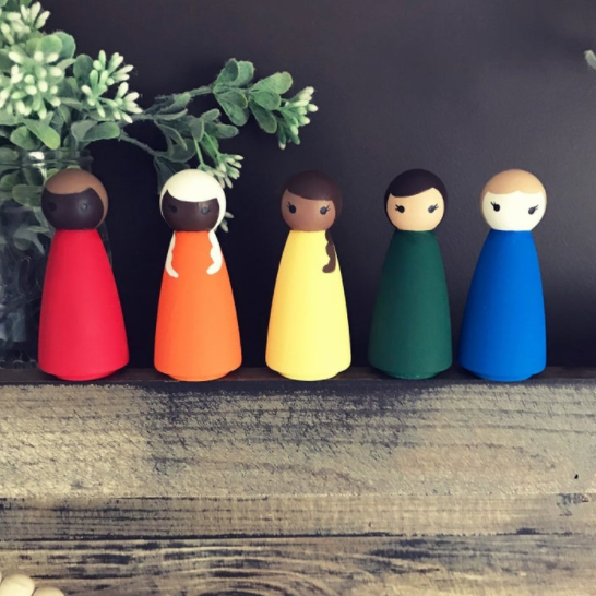 Rainbow Diverse Large Wooden Hand Painted Peg Doll Set
